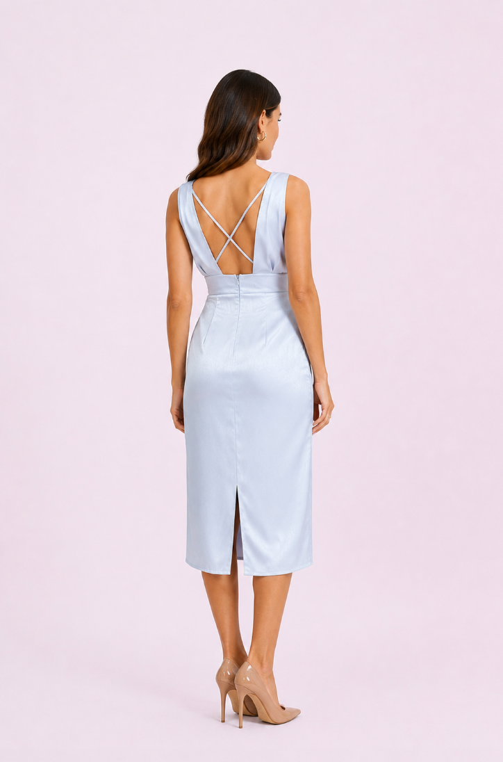 Gray Satin Midi Dress, Draped Wedding Guest Cocktail Dress