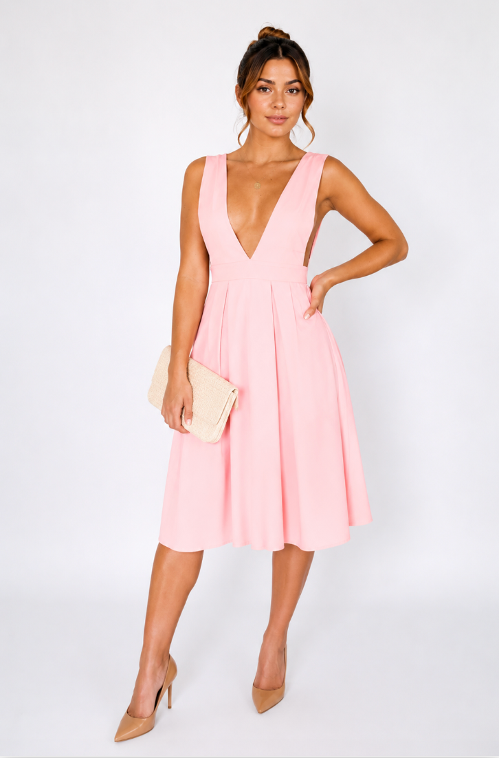 Blush Pink Deep V-Neck Pleated Midi Dress