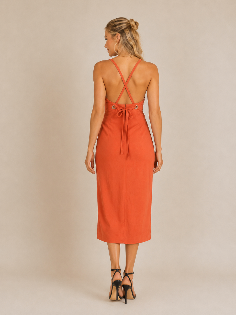 Rust Orange Cross Back Midi Dress with Side Slit