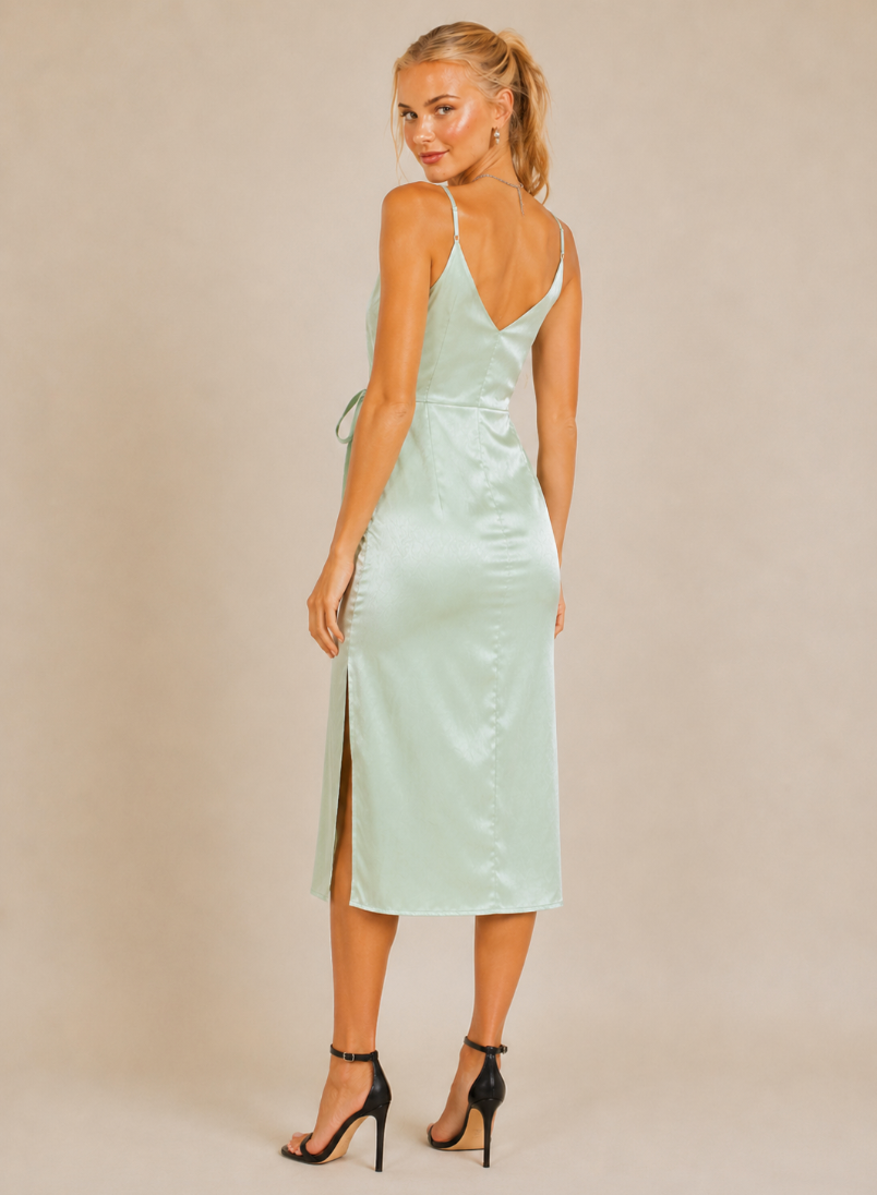 Mint Green Satin Wrap Midi Dress with Double Side Slits