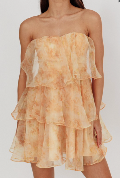 Peach Floral Strapless Tiered Ruffle Mini Dress