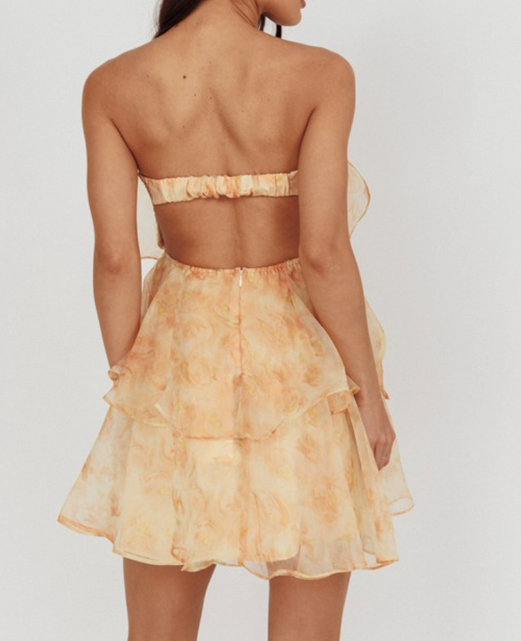 Peach Floral Strapless Tiered Ruffle Mini Dress