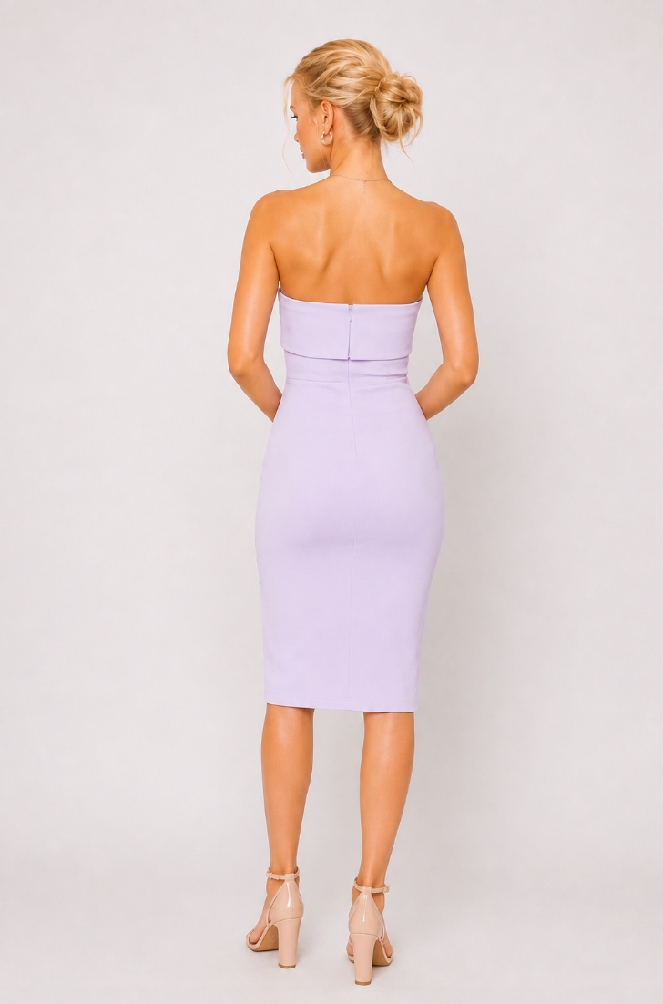 Lavender Strapless Midi Dress with Side Slit, Wedding Guest & Cocktail Dress