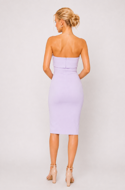 Lavender Strapless Midi Dress with Side Slit, Wedding Guest & Cocktail Dress