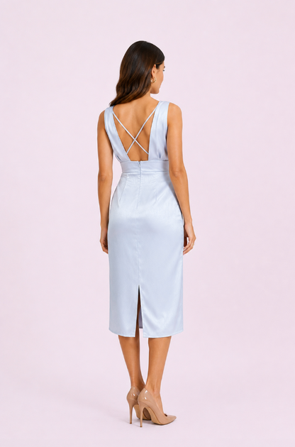 Gray Satin Midi Dress, Draped Wedding Guest Cocktail Dress