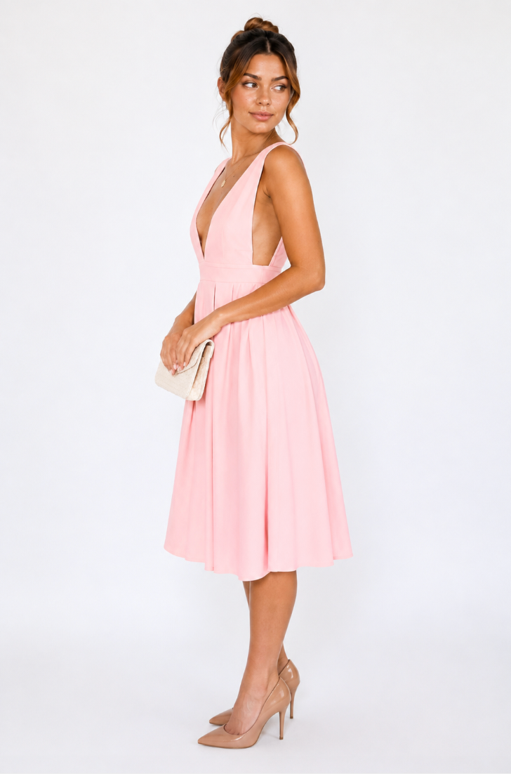 Blush Pink Deep V-Neck Pleated Midi Dress
