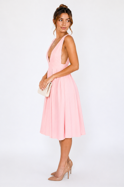 Blush Pink Deep V-Neck Pleated Midi Dress