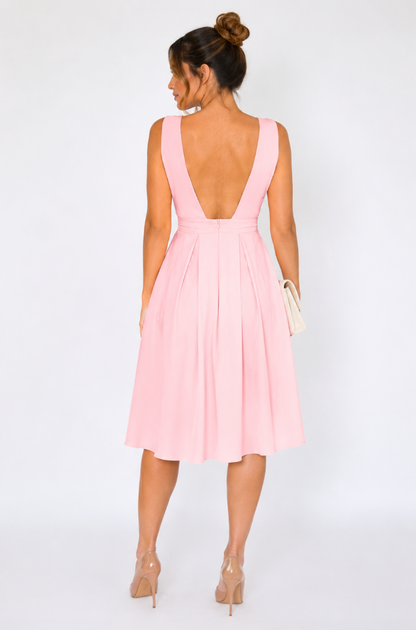 Blush Pink Deep V-Neck Pleated Midi Dress