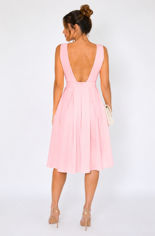 Blush Pink Deep V-Neck Pleated Midi Dress