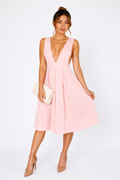 Blush Pink Deep V-Neck Pleated Midi Dress