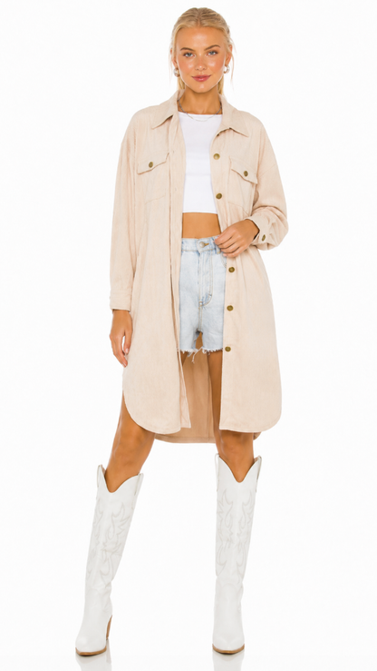 Beige Longline Shacket, Women’s Oversized Button Front Shirt Jacket
