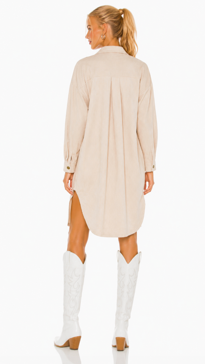 Beige Longline Shacket, Women’s Oversized Button Front Shirt Jacket