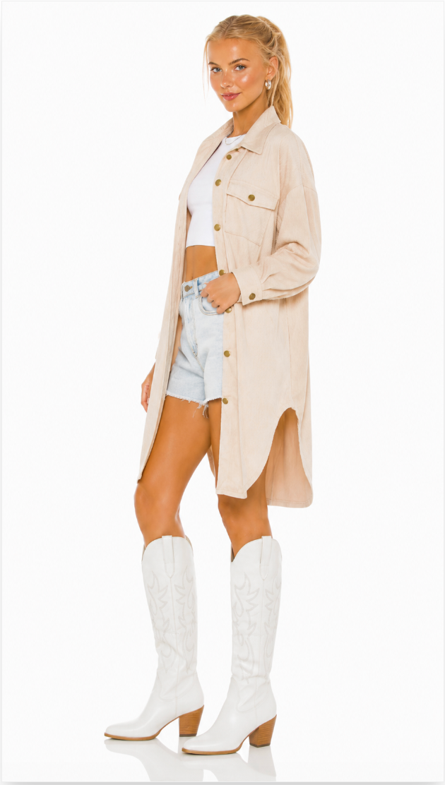 Beige Longline Shacket, Women’s Oversized Button Front Shirt Jacket