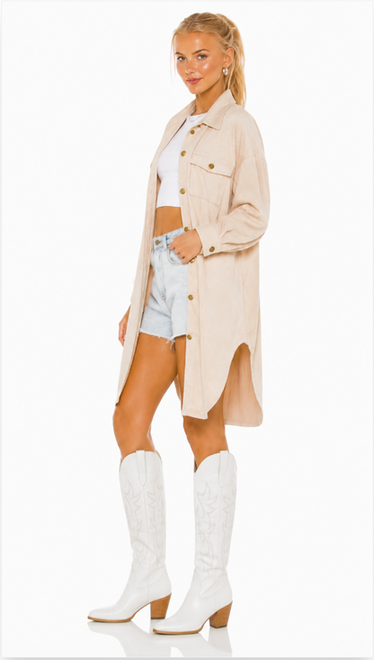 Beige Longline Shacket, Women’s Oversized Button Front Shirt Jacket