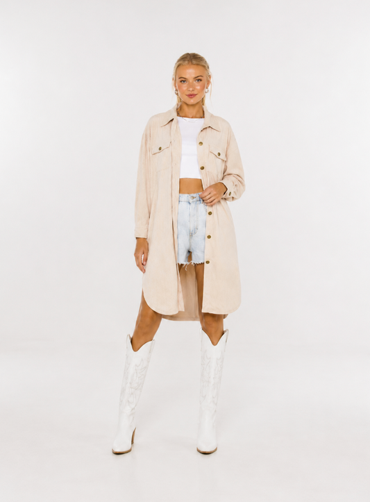 Beige Longline Shacket, Women’s Oversized Button Front Shirt Jacket