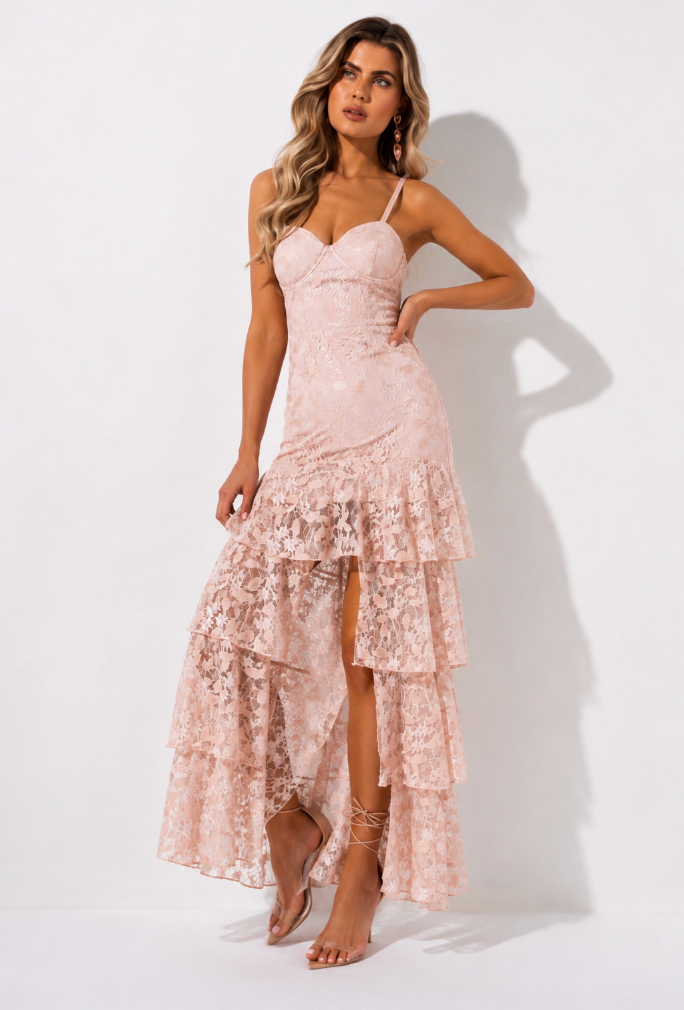 Blush Pink Lace Ruffle High-Low Maxi Dress