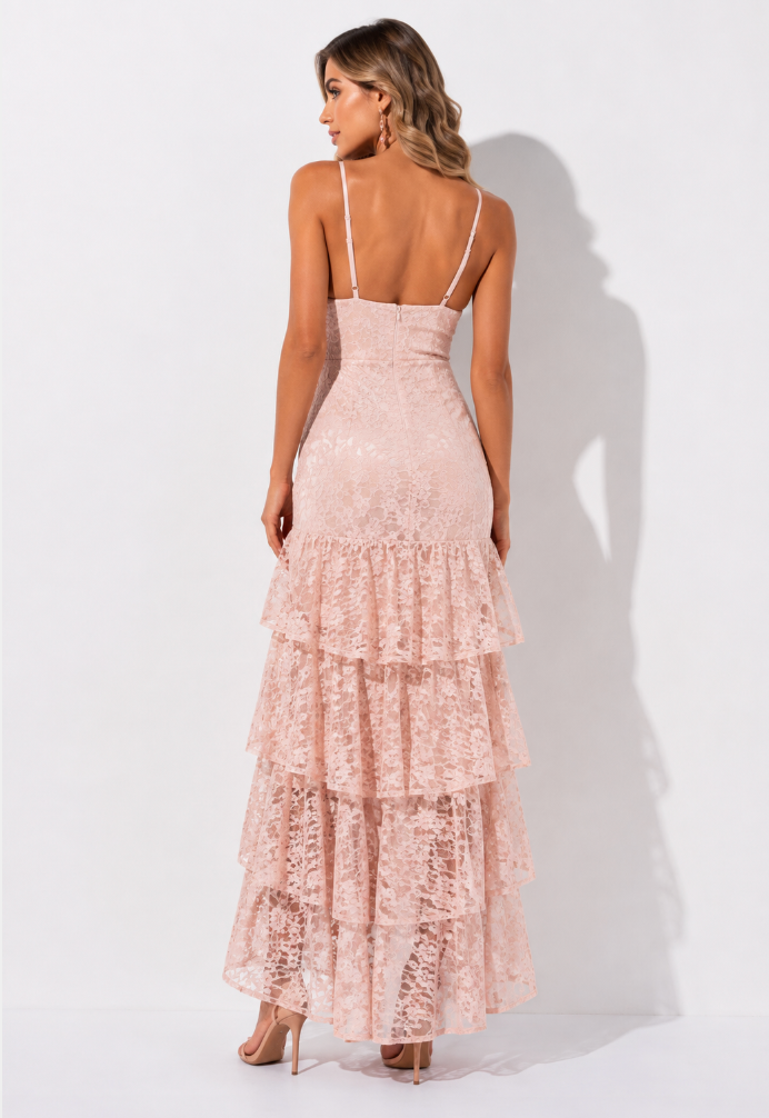 Blush Pink Lace Ruffle High-Low Maxi Dress