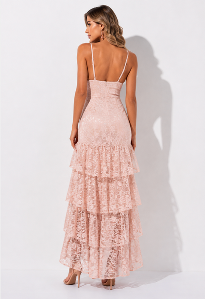 Blush Pink Lace Ruffle High-Low Maxi Dress