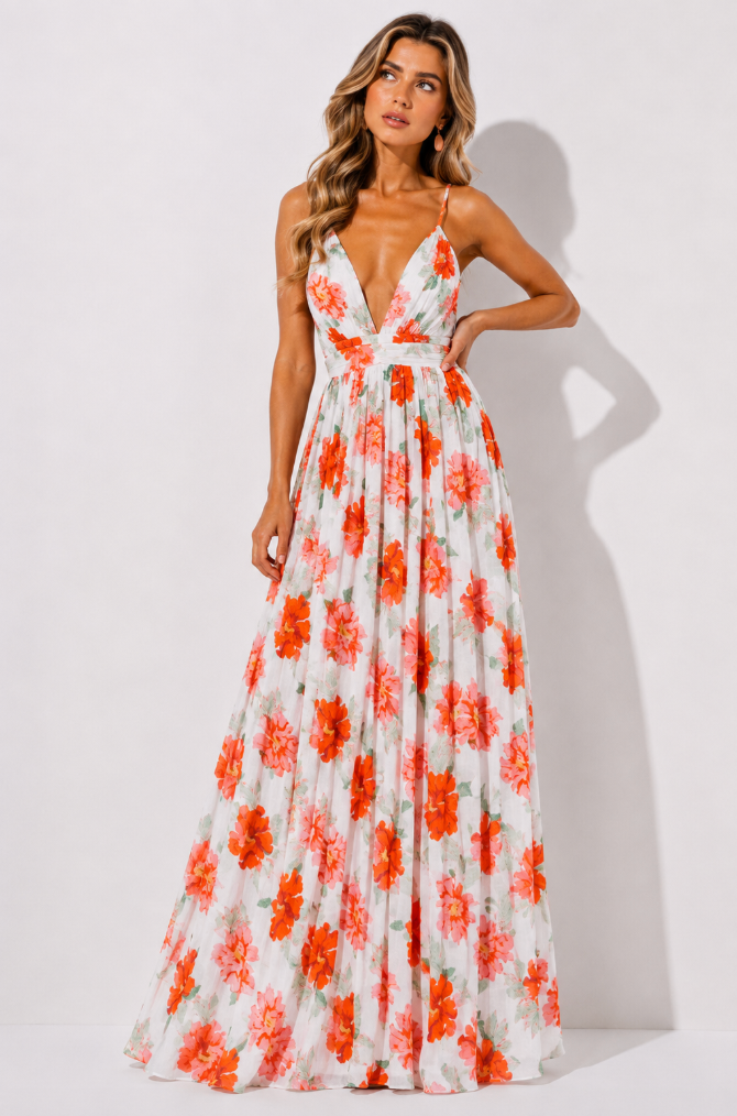 Red & Pink Floral Deep V-Neck Maxi Dress
