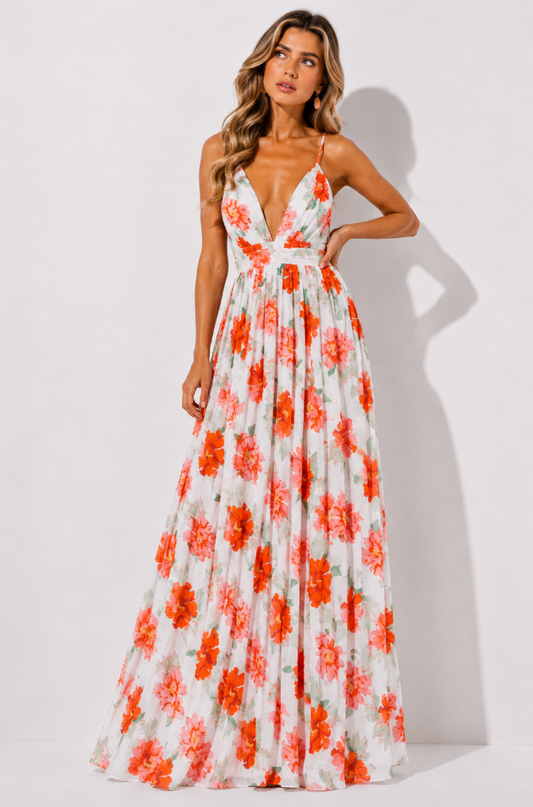 Red & Pink Floral Deep V-Neck Maxi Dress
