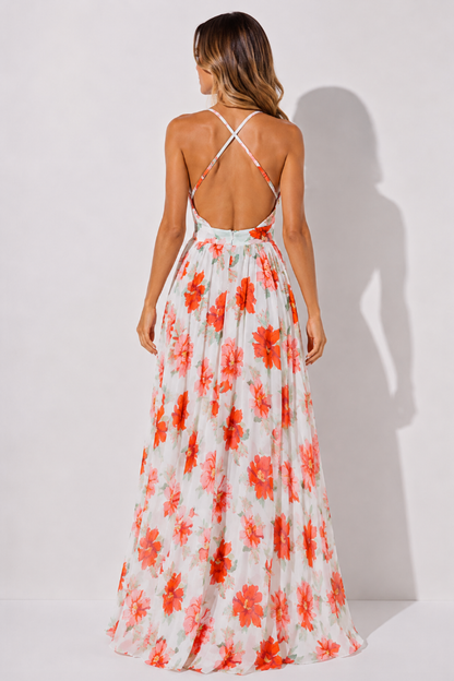 Red & Pink Floral Deep V-Neck Maxi Dress