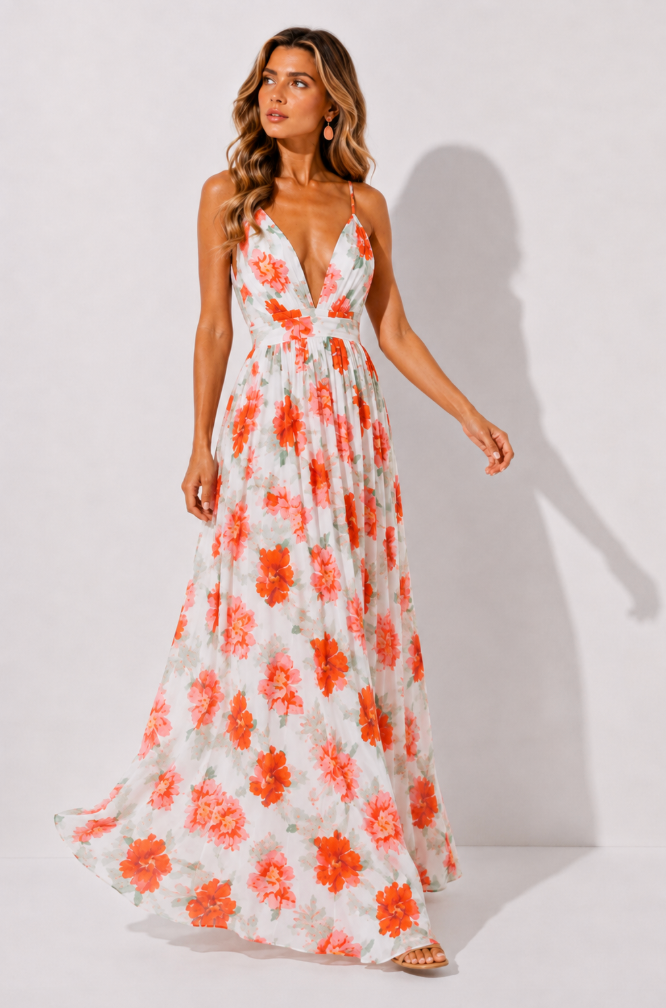 Red & Pink Floral Deep V-Neck Maxi Dress