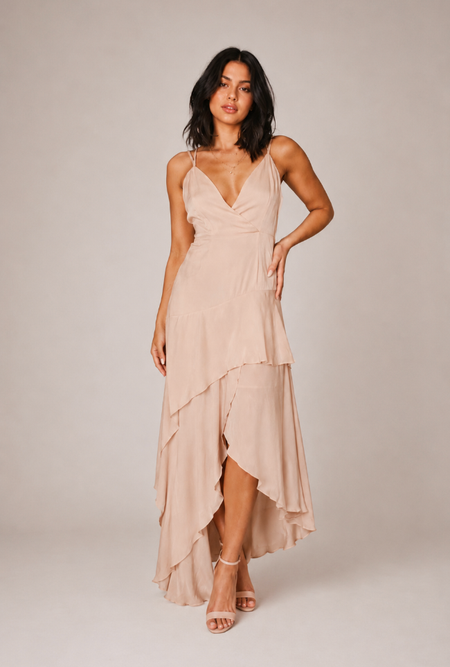 Champagne Ruffle High-Low Maxi Dress, Wedding Guest & Formal Dress