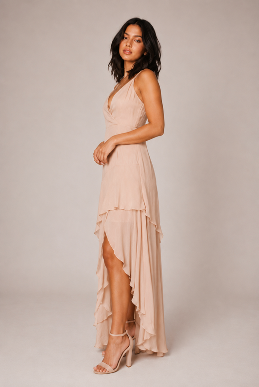 Champagne Ruffle High-Low Maxi Dress, Wedding Guest & Formal Dress
