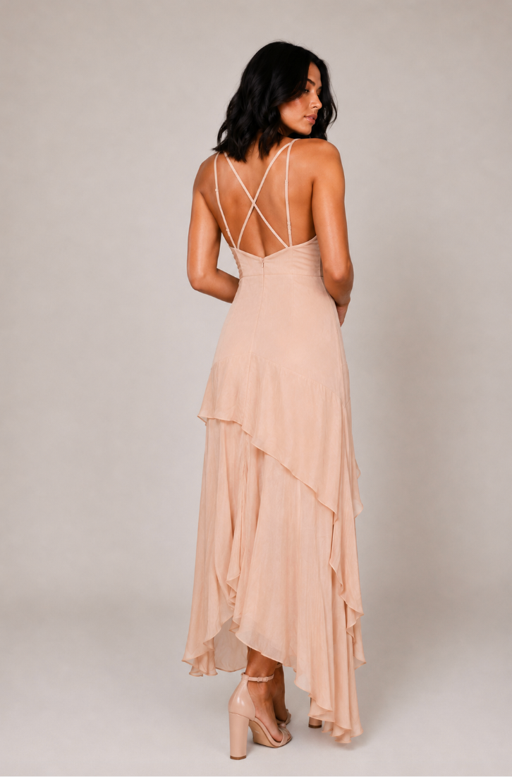 Champagne Ruffle High-Low Maxi Dress, Wedding Guest & Formal Dress