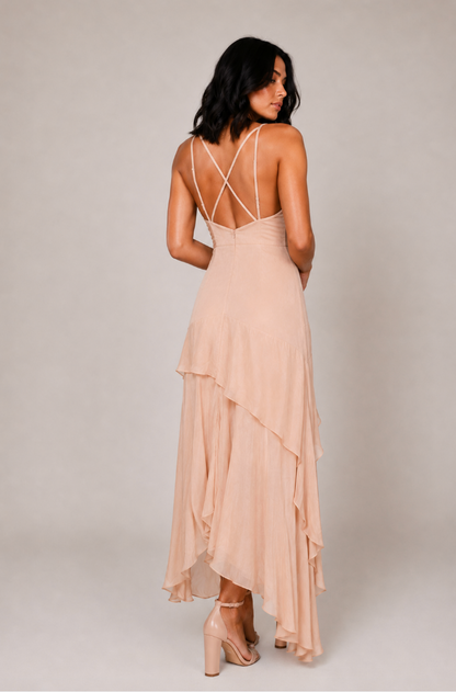 Champagne Ruffle High-Low Maxi Dress, Wedding Guest & Formal Dress